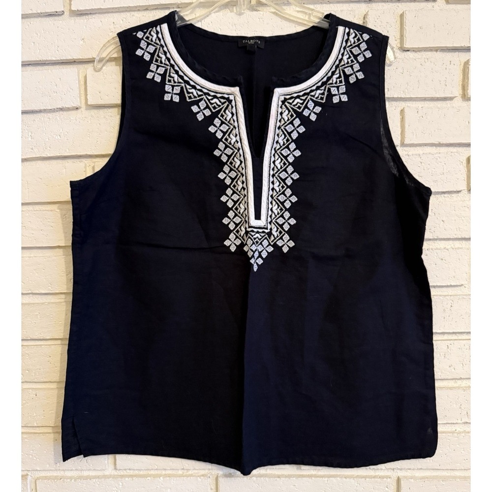Talbots Linen Cotton Embroidered Tank Top Black Size 12p Boho Timeless Chic